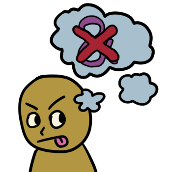 A muted-yellow figure is looking to the side with their tongue sticking out. A thought bubble is connected to their head, showing a purple ampersand that is crossed out with a red X.